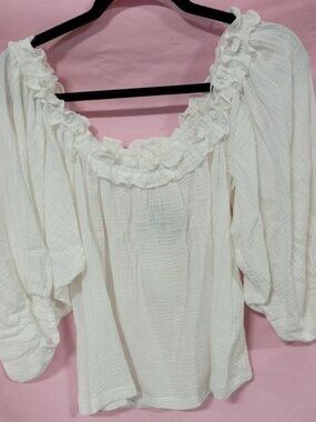 BEFORE YOU WHITE GAUZE RUFFLE NECK TOP - S